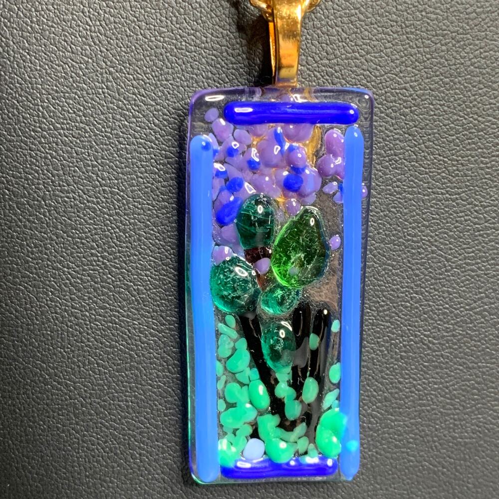 Fused Glass Garden Pendant Necklace, Handcrafted Blue Green Art Glass Jewelry,